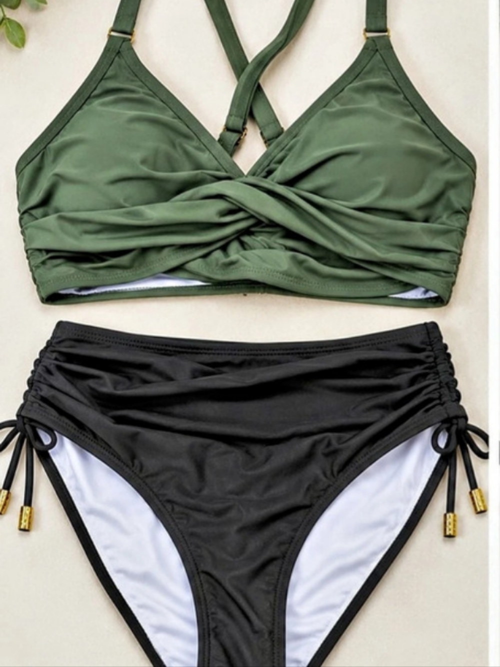 Ruched Bikini Set in Green & Black Size XXL Brand New